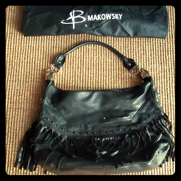 B. Makowsky black leather hobo slouch shoulder bag - Picture 1 of 8